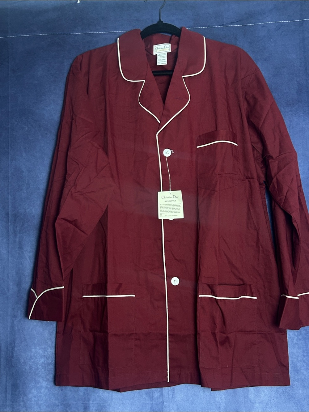 Vintage Christian Dior Burgundy Pajama Top with White Piping
